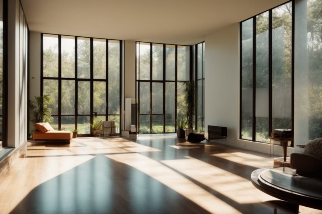 Modern home interior with visible climate control window film on windows, reflecting sunlight