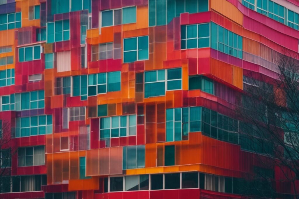 colorful and vibrant building wrapped in protective film against harsh weather