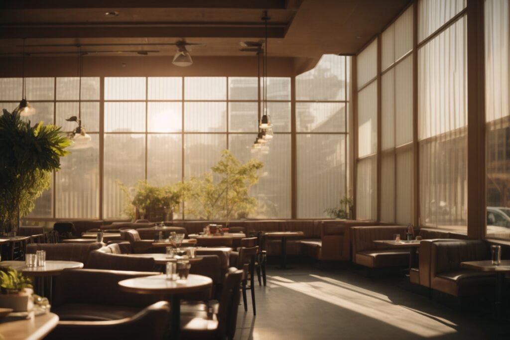 Dallas cafe interior with sunlight filtering through window films