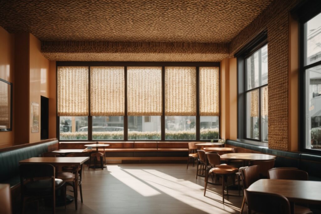 interior cafe with patterned window film allowing natural light