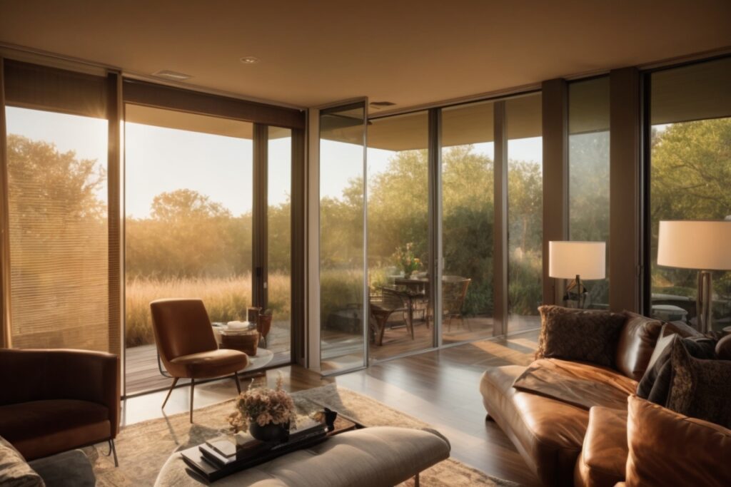 interior cozy Dallas home with opaque privacy window film sunlight filtering through