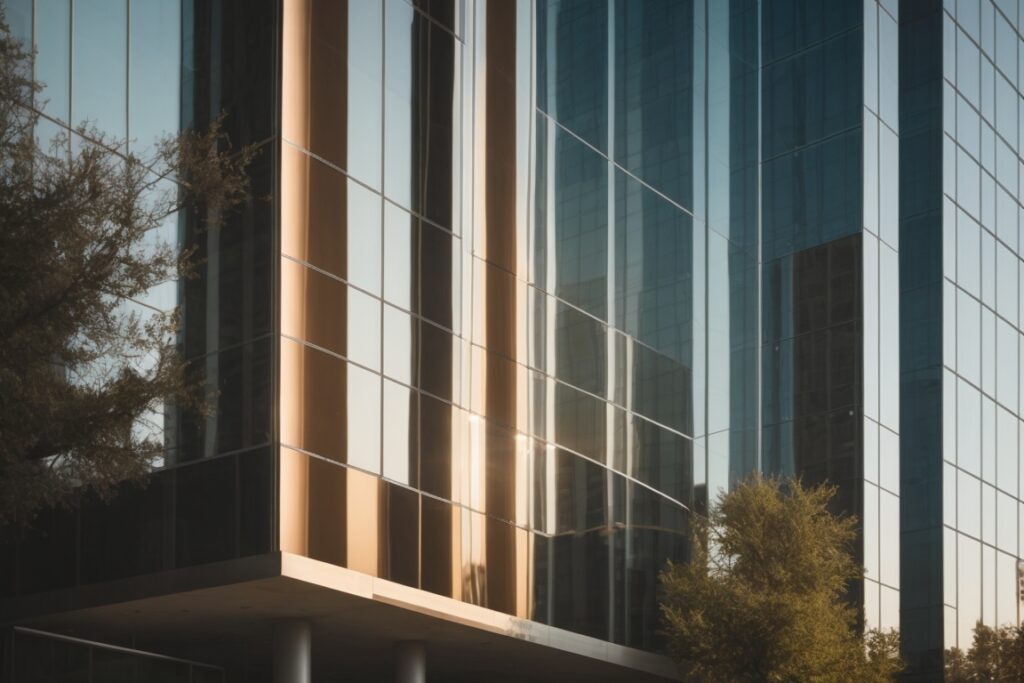 Dallas office building with tinted windows reflecting sunlight, enhancing style and energy efficiency