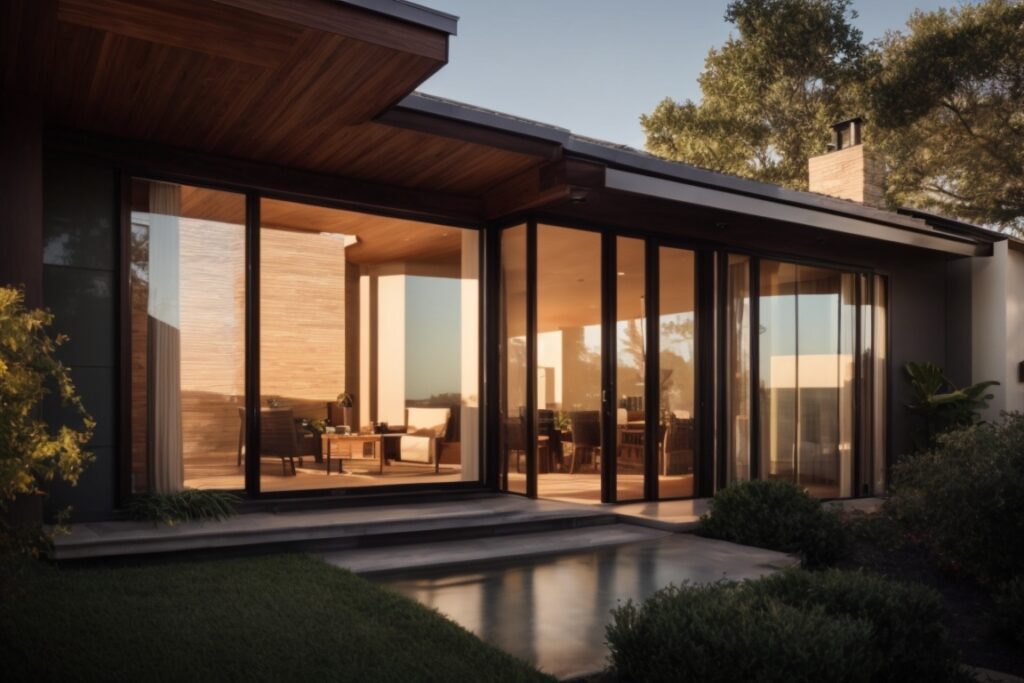 Dallas home exterior with reflective window film under intense sunlight