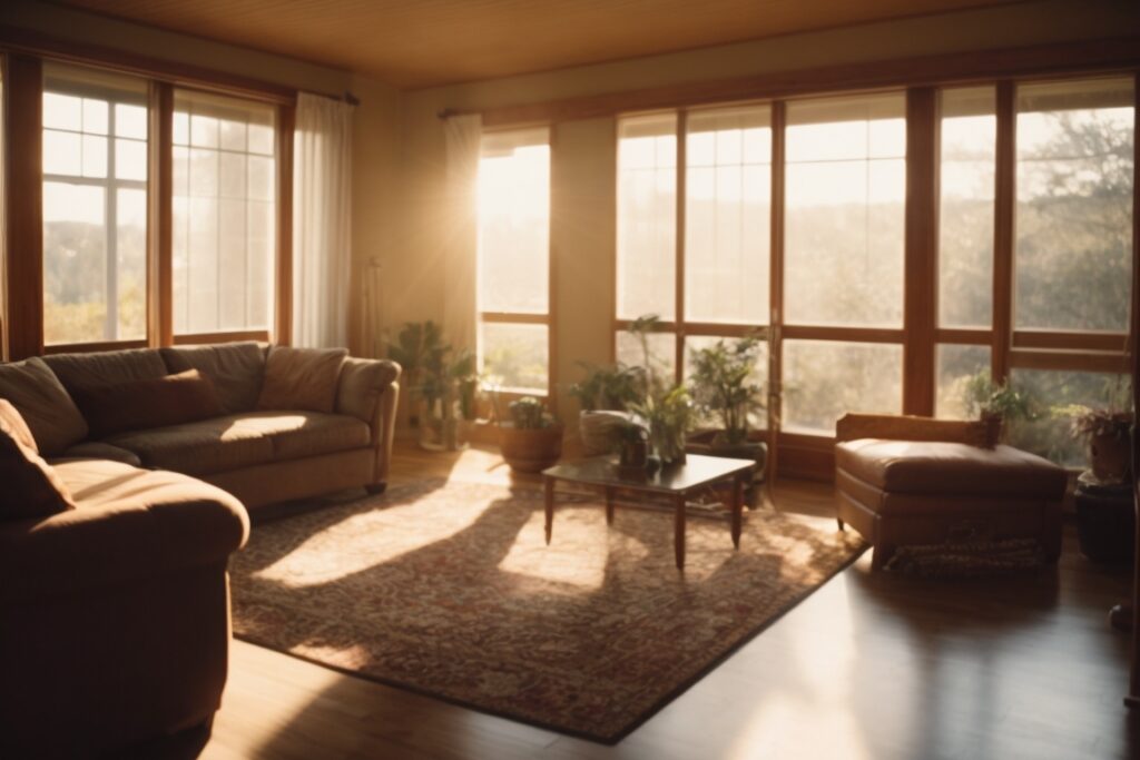 Interior of a home with sunlight filtering through faded window film