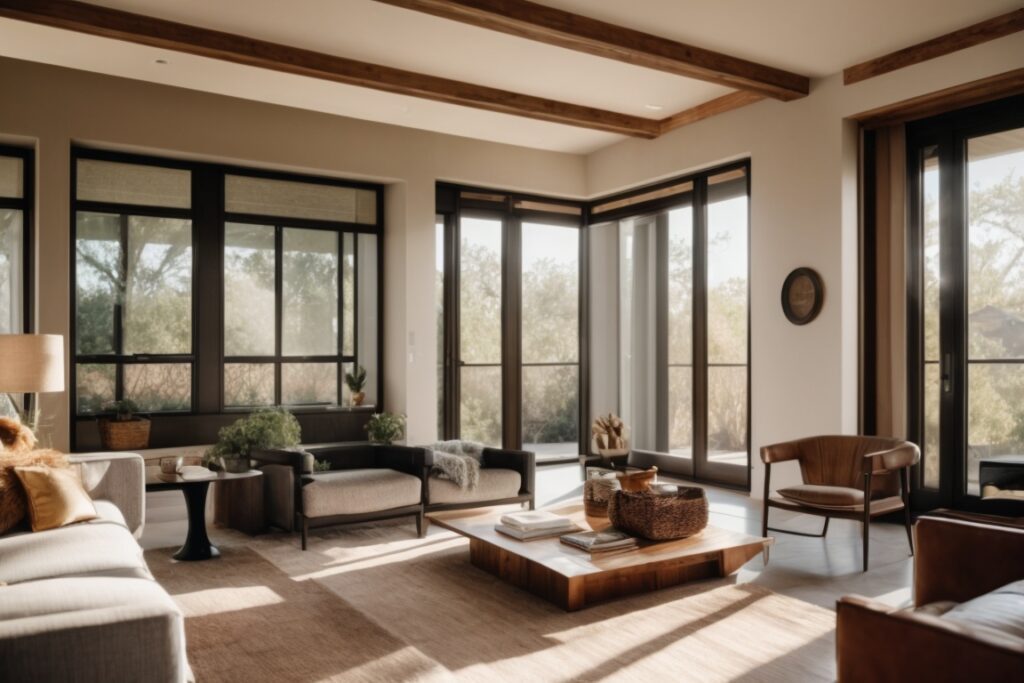 Dallas home interior with frosted privacy film on windows, sunlight filtering in