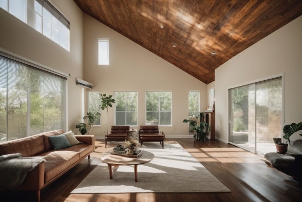 Dallas home interior with sunlight filtering through solar control window film
