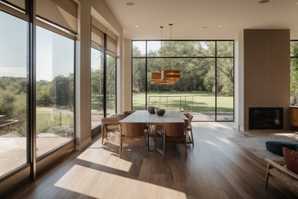 Dallas home interior with opaque privacy window film, allowing natural light