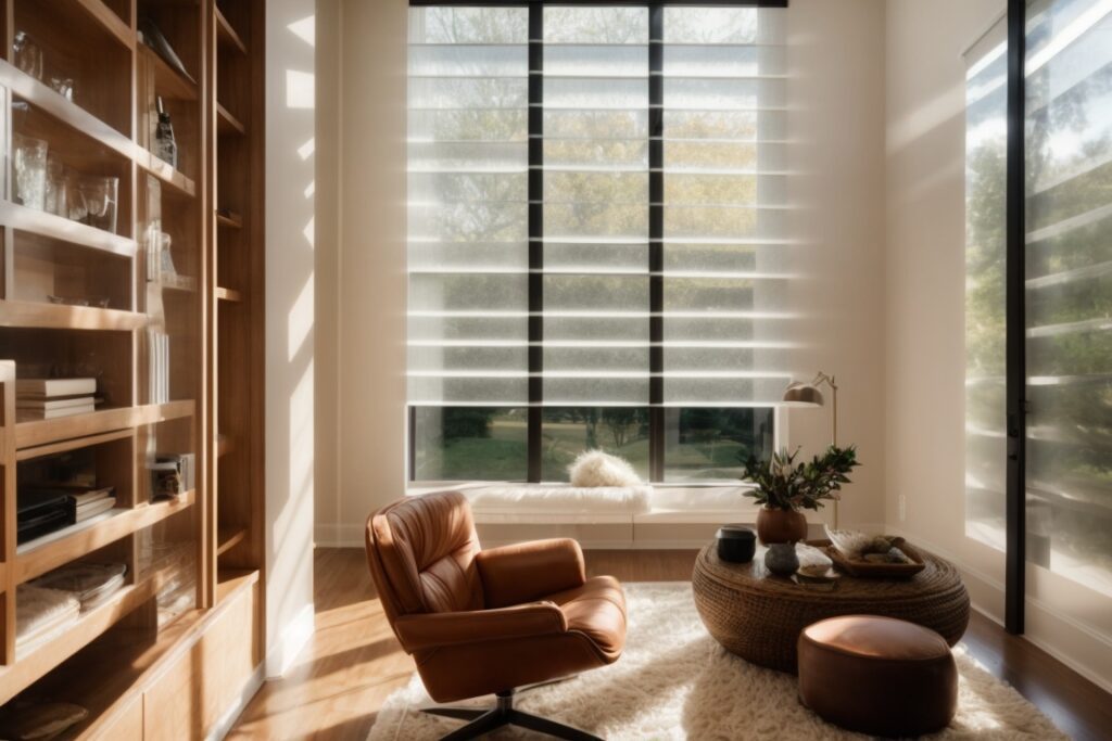 Dallas home interior with frosted privacy window film, soft sunlight filtering through
