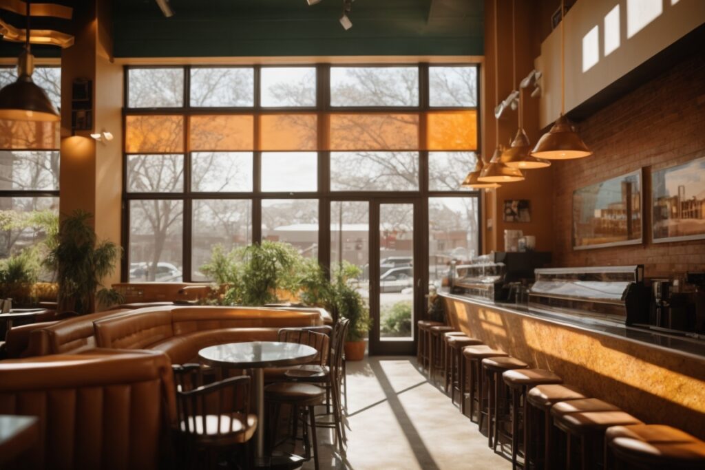 Dallas cafe interior with Motive Mural decorative film on windows, vibrant sunlight filtering through