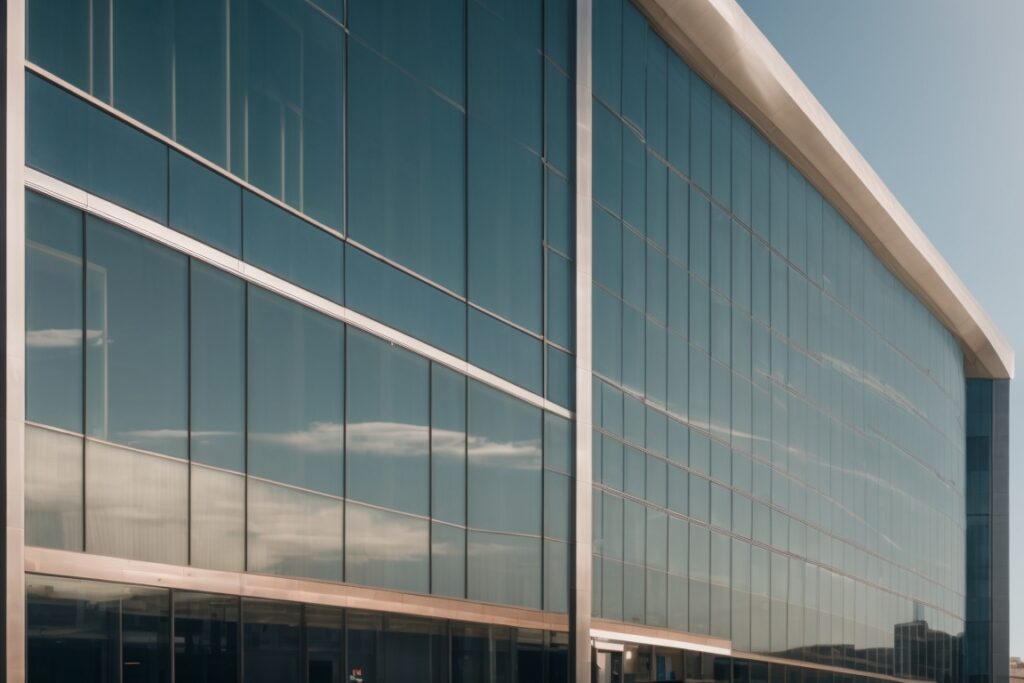 Dallas business building with reflective window film, sunny day