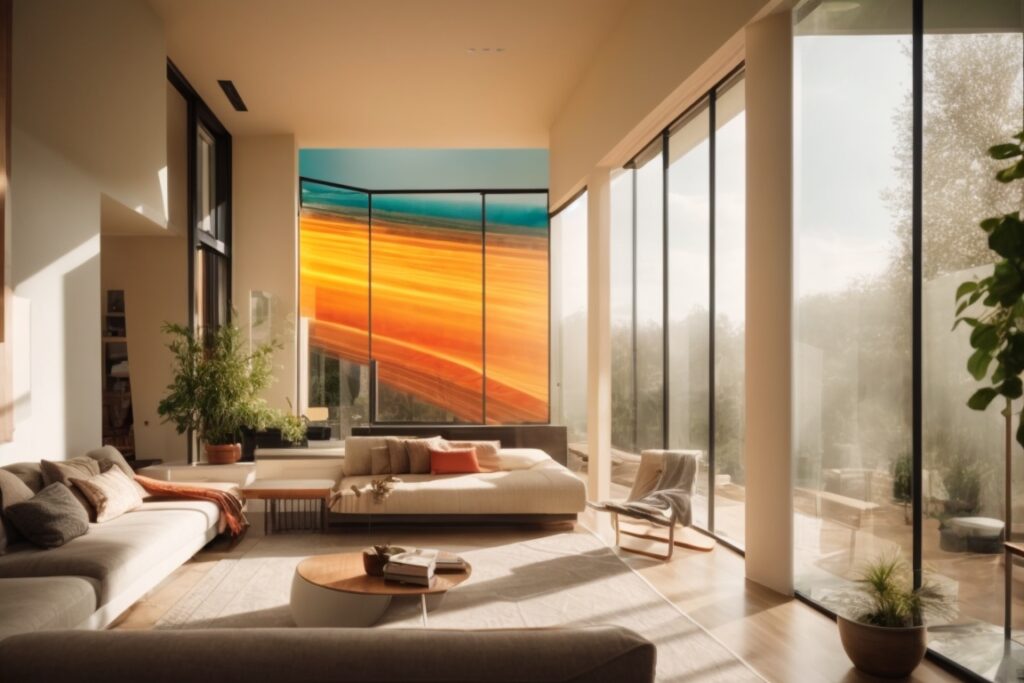 Interior view of a home with visible heat wave distortions, energy-efficient window film installed
