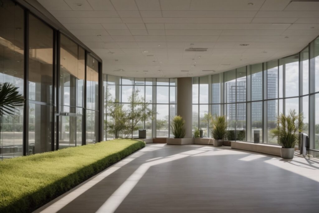 Dallas commercial building interior with natural light and branded window films