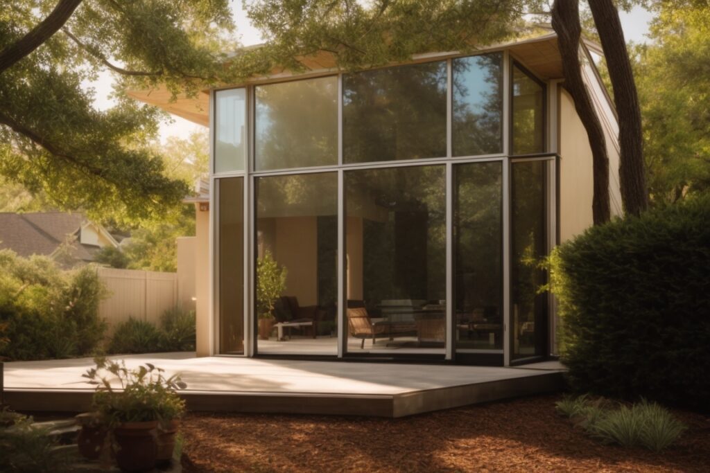 Dallas home exterior with energy-saving window film, sunlight filtering through trees