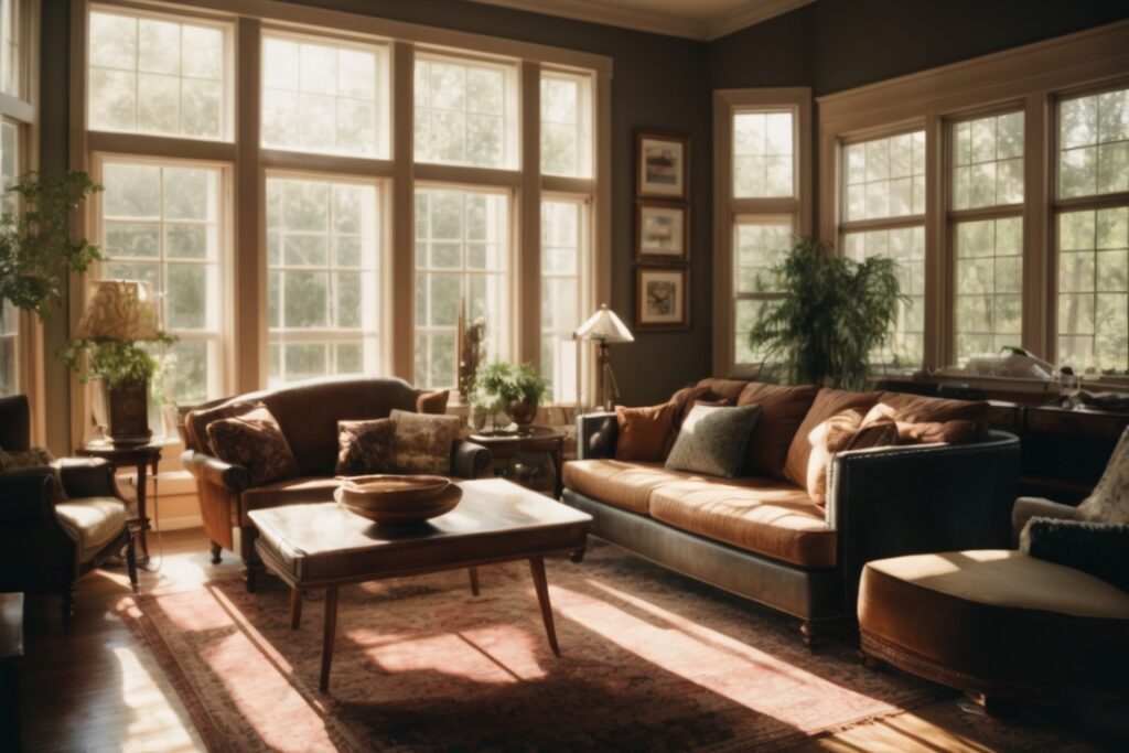 Dallas home interior with faded furniture and intense sunlight streaming through clear windows