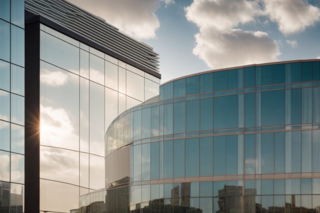 Dallas building with window film, reflecting sunlight, energy-efficient design