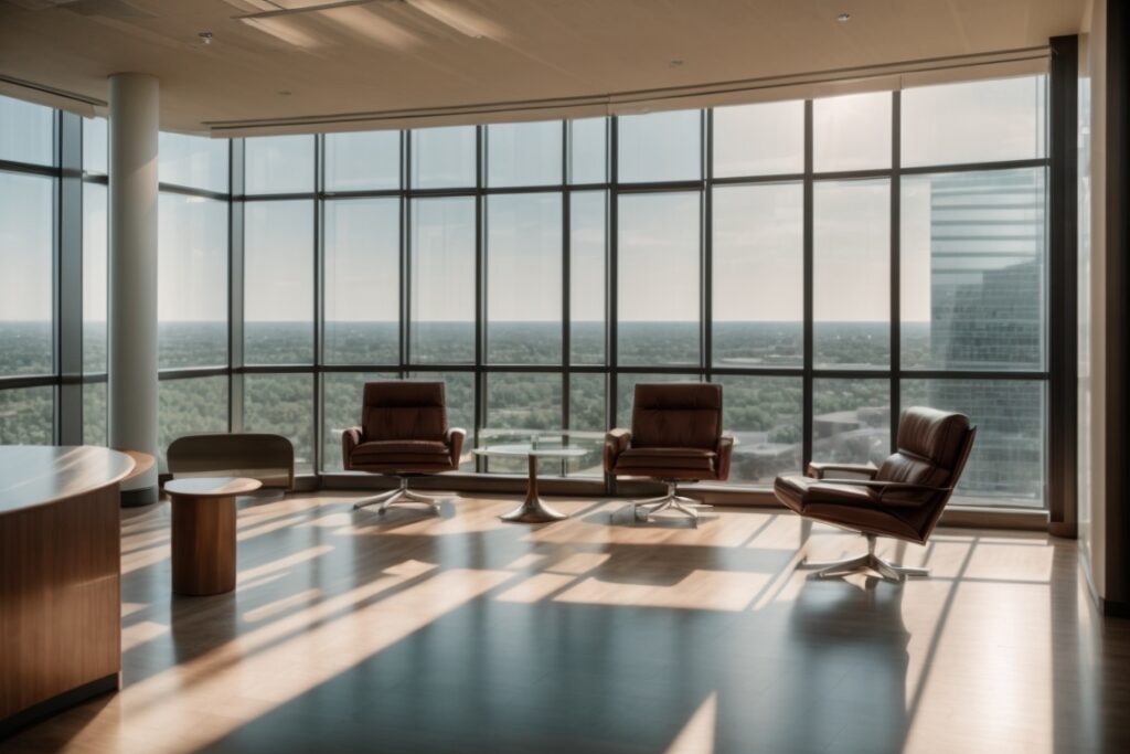 Dallas office building interior with heat blocking window films and sunlit room