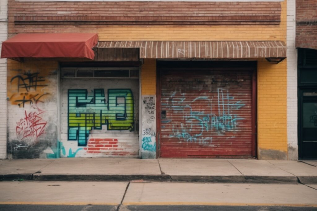 Dallas storefront with graffiti prevention film and visible urban art on walls