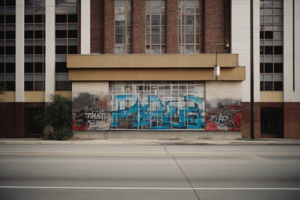 Dallas building with anti-graffiti film, graffiti visible on surface