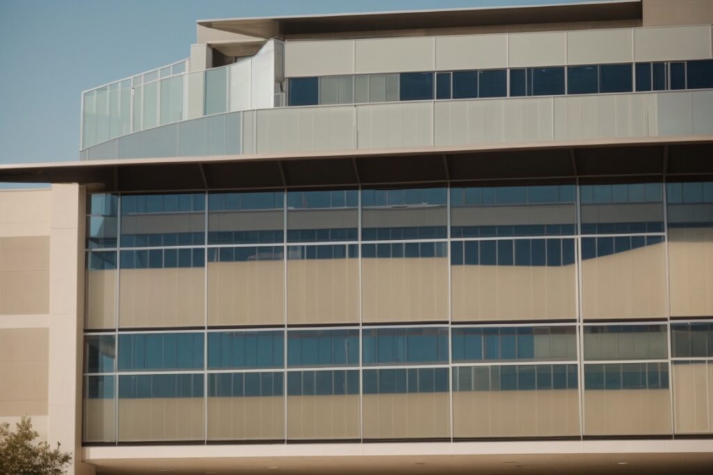 Dallas office complex with reflective window film and reduced sunlight