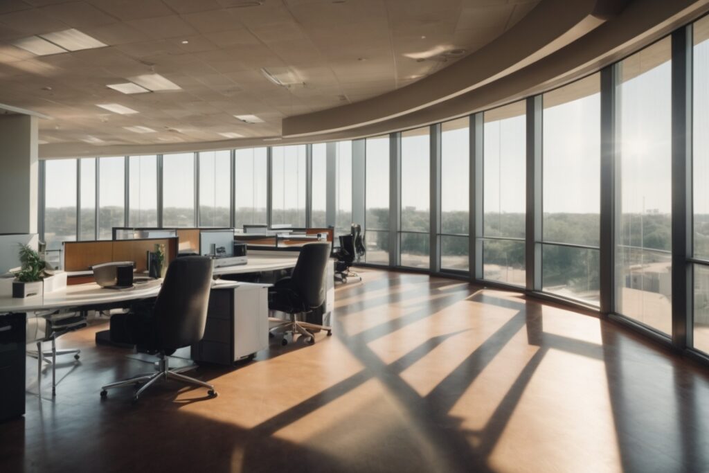 Dallas office interior with energy efficient window film, sunlight filtering through