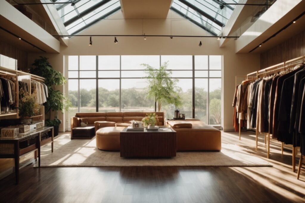 Boutique interior in Dallas with sunlight filtering through spectrally selective window films